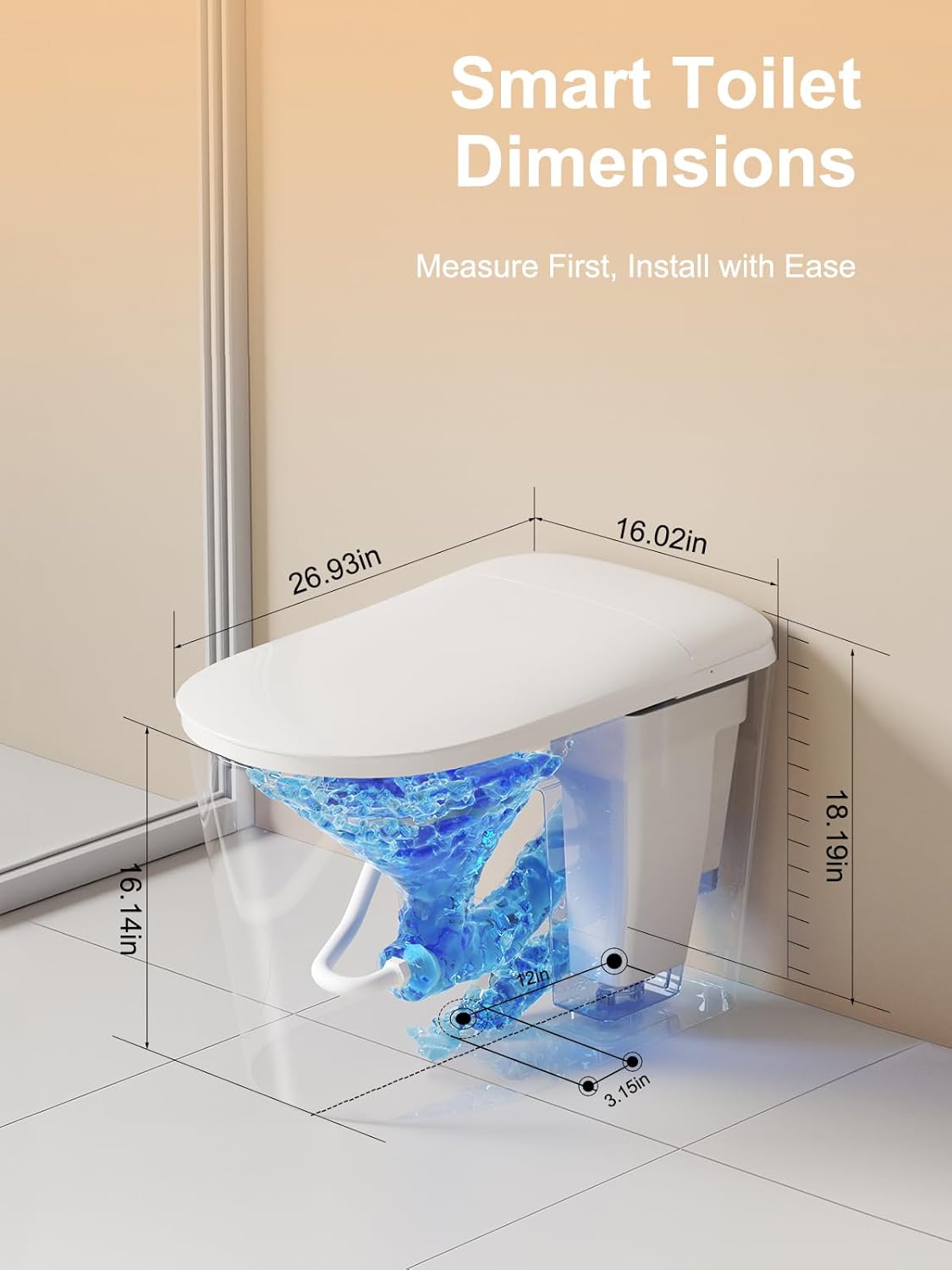 Smart Toilet - ADA Height Heated Seat, Tankless Auto-Flush, Foot Sensor, Night Light, Modern Elongated One-Piece for Bathrooms