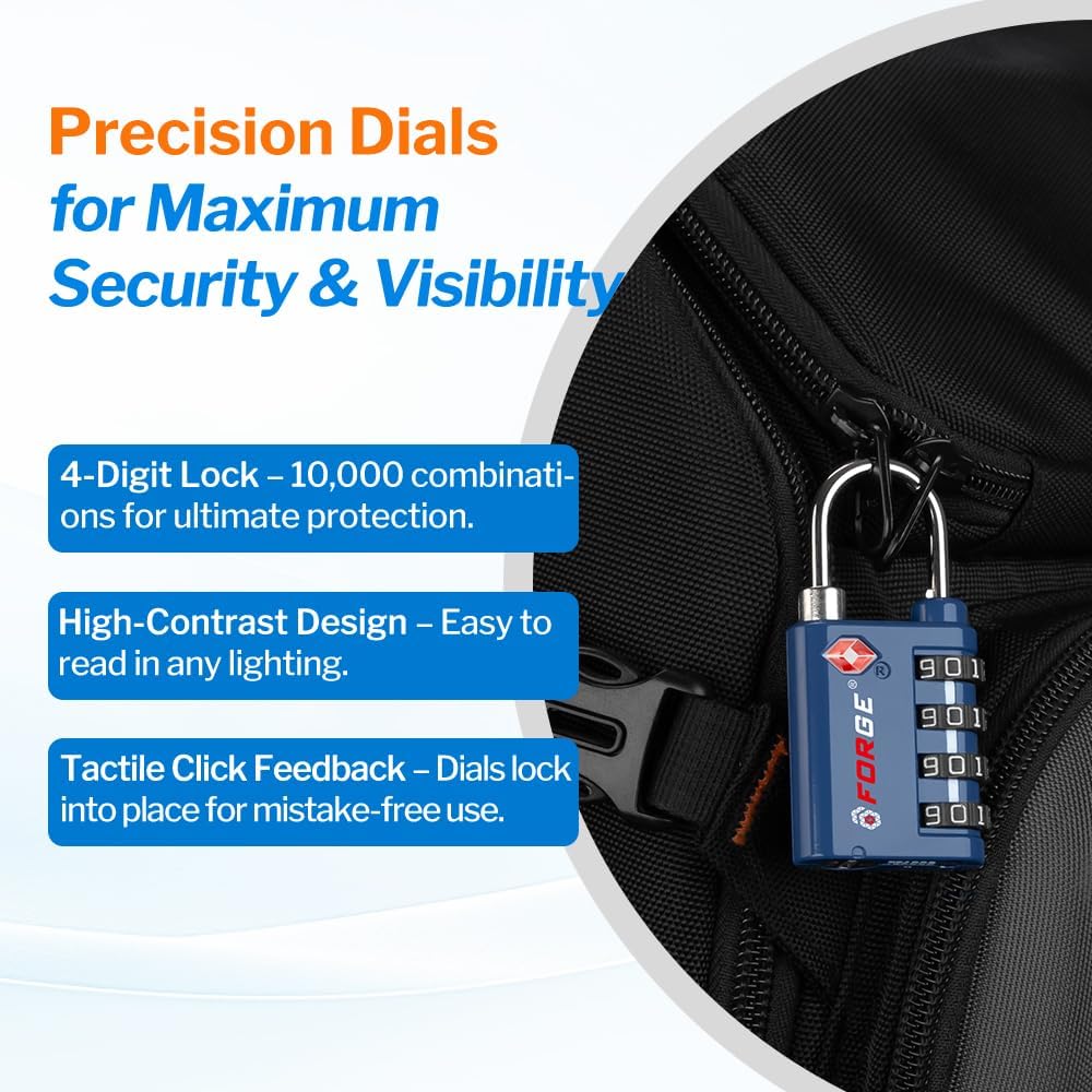 Forge Dual-Opening: Key or Combination Lock, TSA Approved Lock for Luggage, Pelican case, Travel, Gym, School, Luggage Combination Lock, Travel Bag Lock (Blue 4 Pk)