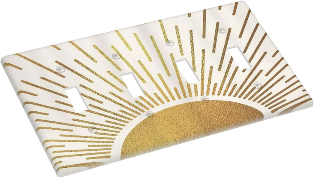 Decorative Light Switch Cover Plate Boho Mid Century Gold Sun Sunbeams 4 Gang Wall Plates for Electrical Outlets Quad Toggle Switch Plate Covers Outlet Covers Faceplate for Home Decor