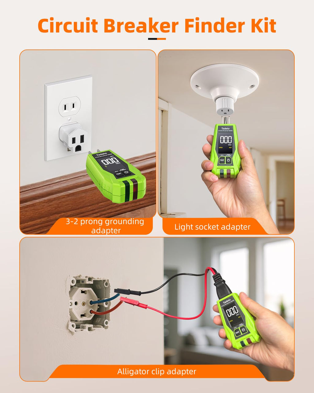Tadeto Circuit Breaker Finder Tool with Outlet Tester, Quickly GFCI, Voltage, Electric Tester with Dual LCD Display, Light Socket and 3-2 Prong Grounding Adapter, Alligator Clip Adapter