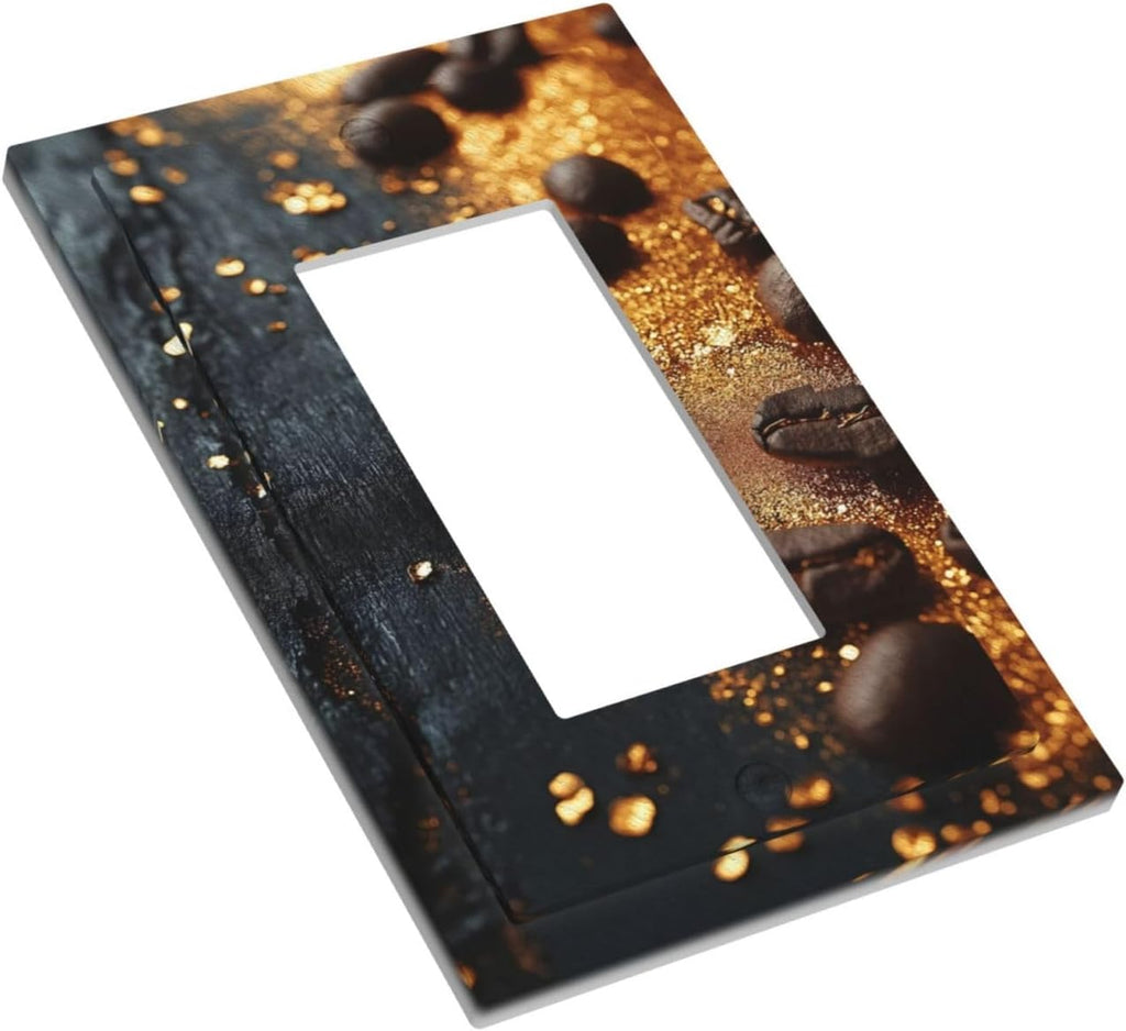 Decorative Outlet Covers Black Wood Board Gold Dust Coffee Beans 1 Gang Single Decora GFCI Device Light Switch Covers Plate 1 Rocker Wall Plate Jumbo Face Plate