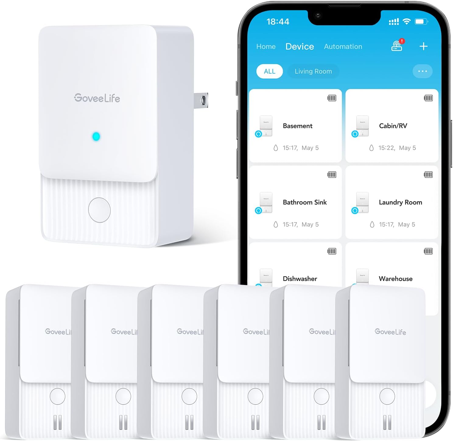 GoveeLife Premium Smart Water Leak Detector 2 with 1968ft Ultra-Long Range, WiFi Water Sensor with SMS/Email/APP Push and Sound Alarm, 5-Year Battery Life, Suitable for Home, Basement, Kitchen, 6 Pack