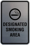 Signs ByLITA Portrait Round Designated Smoking Area Sign with Adhesive Tape, Mounts On Any Surface, Weather Resistant, Indoor/Outdoor Use (Brushed Silver) - Medium