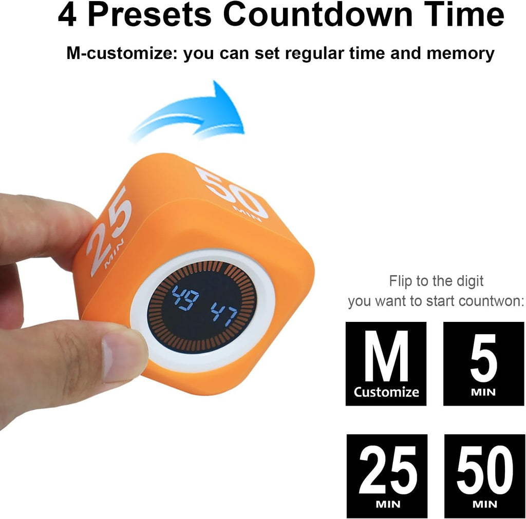Rotating Cube Visual Pomodoro Timer 5, 25, 10 50 Minutes Preset + Custom Countdown, Rechargeable Desk Productivity Flip Timer with Detachable Silicone Cover for ADHD Study Work Kitchen School (Black)