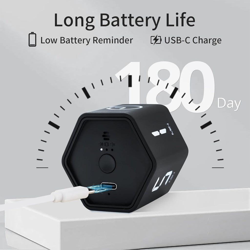 Productivity Timer Flip Gravity Sensor Pomodoro Cube Timer Countdown & Countup,1/5/10/30/60min Preset & Custom Timing, Mute/Vibrate/Sound for ADHD,Work,Study,Kitchen(1, Black Hexagon)