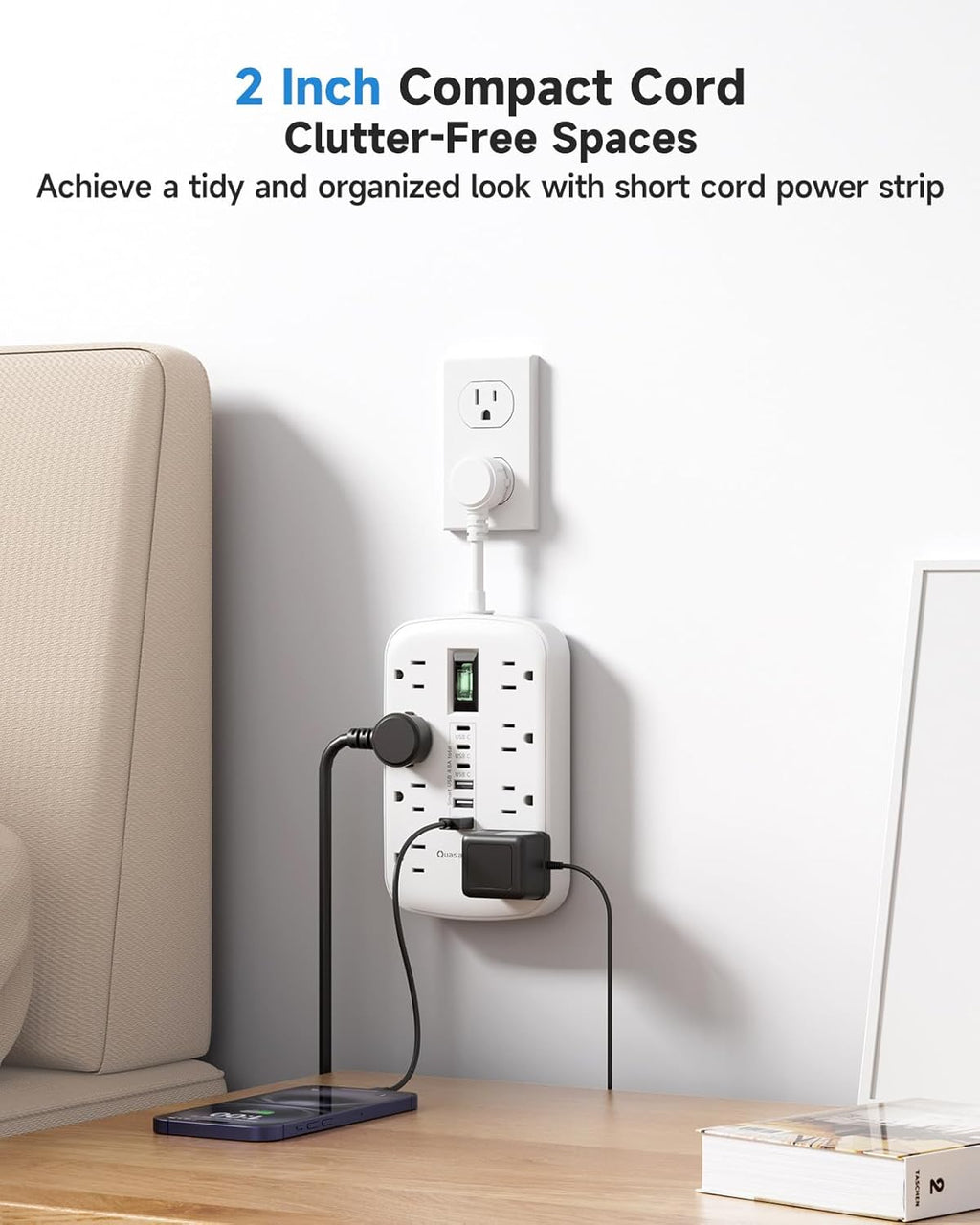 Short Extension Cord 2 inch - Small Power Strip Flat Outlet Extender Surge Protector with 8 AC Outlets 6 USB (5V/4.8A 24W), Mini Extension Cord Flat Wall Plug for Home Office Dorm Kitchen Bathroom