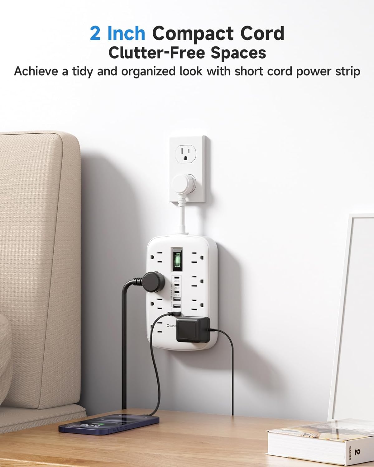 Short Extension Cord 2 inch - Small Power Strip Flat Outlet Extender Surge Protector with 8 AC Outlets 6 USB (5V/4.8A 24W), Mini Extension Cord Flat Wall Plug for Home Office Dorm Kitchen Bathroom