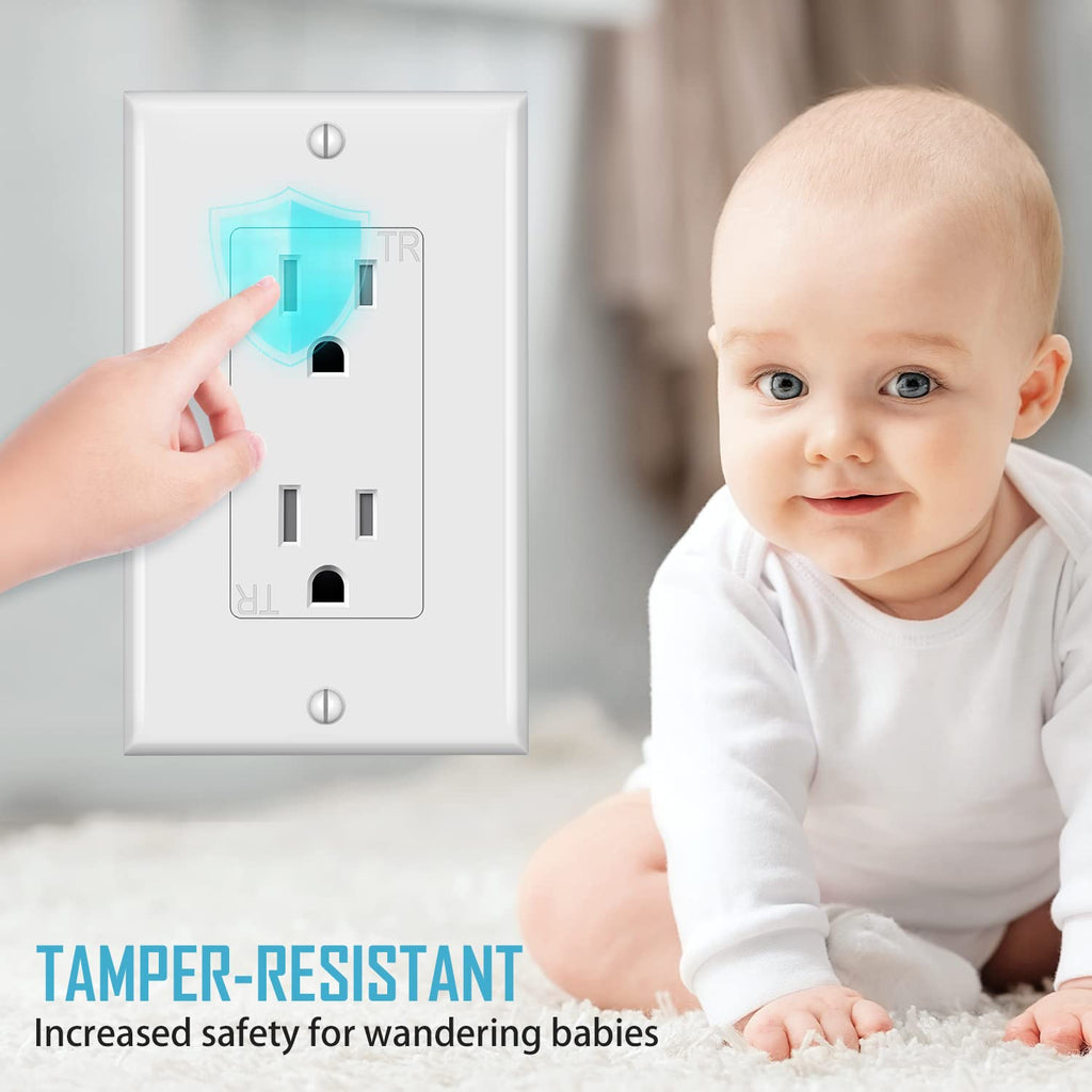 Decorator Receptacle Outlet with Wall Plate, Tamper-Resistant Electrical Outlet, Residential Grade, 3-Wire, 15A 125V, Self-Grounding, 2-Pole, UL Listed, White (10 Pack)