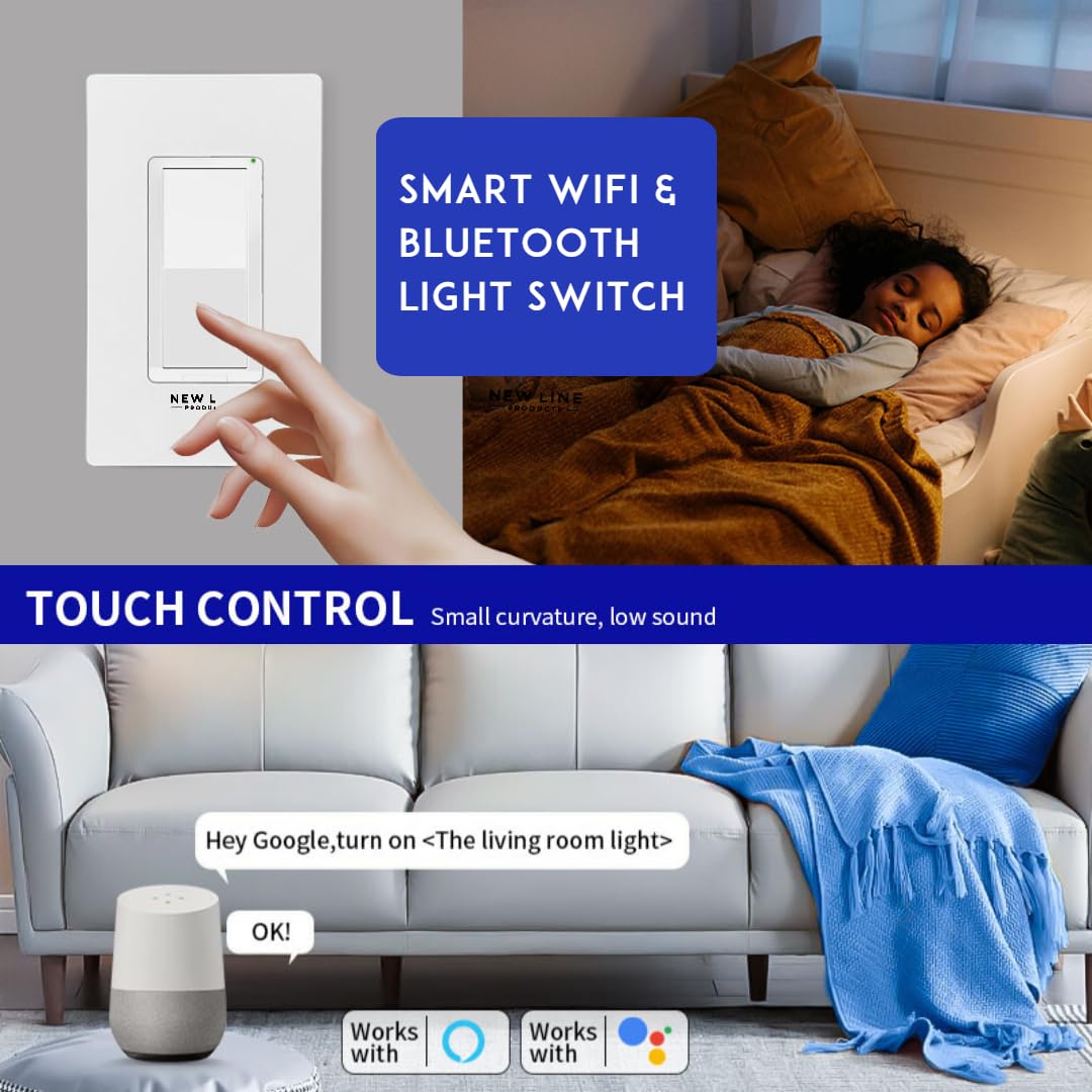 WiFi Bluetooth Smart Light Switch with APP Control Compatible with Alexa and Google Home Voice Control Touch Control Power Cut Off Easy Wall Install Works with Smart Life Tuya Remote Timer