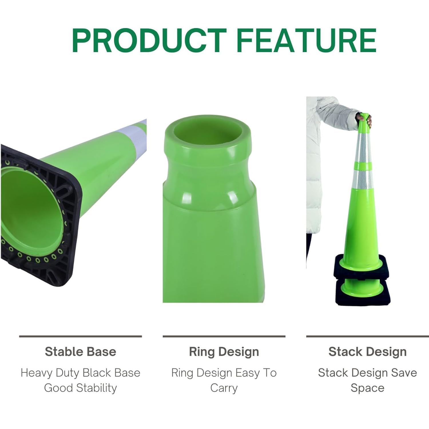 BESEA 4Pack 36” inch Traffic Cones Green Road Parking Cones Construction Safety Cone Structurally Stable for Traffic Control(Green Color)