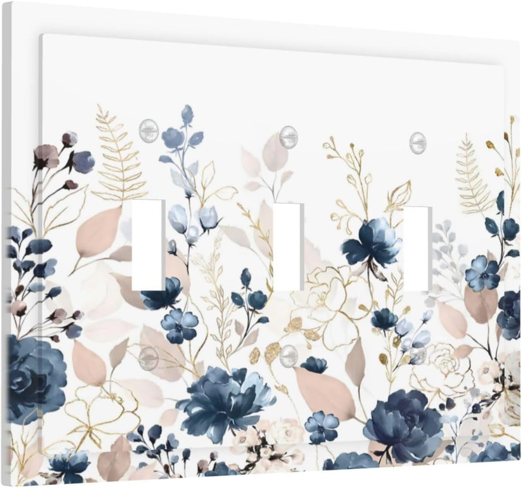 Blue Flora Boho Vintage Flower Golden Leaves Decorative Switch Plates 3 Gang Wall Plate Triple Toggle Light Switch Cover Faceplate Electrical Wall Panels for Bedroom Living Room Decor