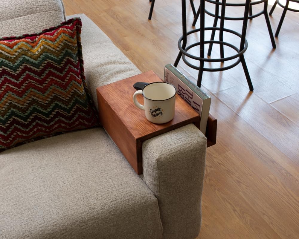 Wooden Couch Arm Tray – Sofa Armrest Table with Book & Magazine Holder, Perfect for Coffee & Remote Control, Solid Wood (Paris)