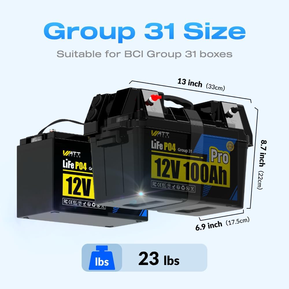 Wattcycle 12V 100Ah LiFePO4 Battery, Lithium Battery 12V 110A BMS, Lithium RV Batteries 15000+ Deep Cycles, Built-in Bluetooth, Monitor, Mobile APP, Perfect for Home Energy, RV, Marine, Solar