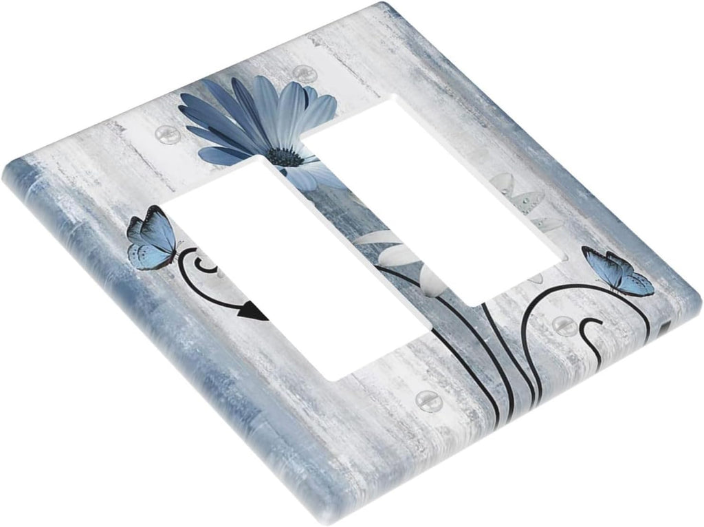 Decorative Outlet Covers Rustic Blue White Daisy Ink Flower 2 Gang Light Switch Cover Plate Double Rocker Wall Plates for Electrical Outlets Switch Plate Covers for Bedroom Home Decor
