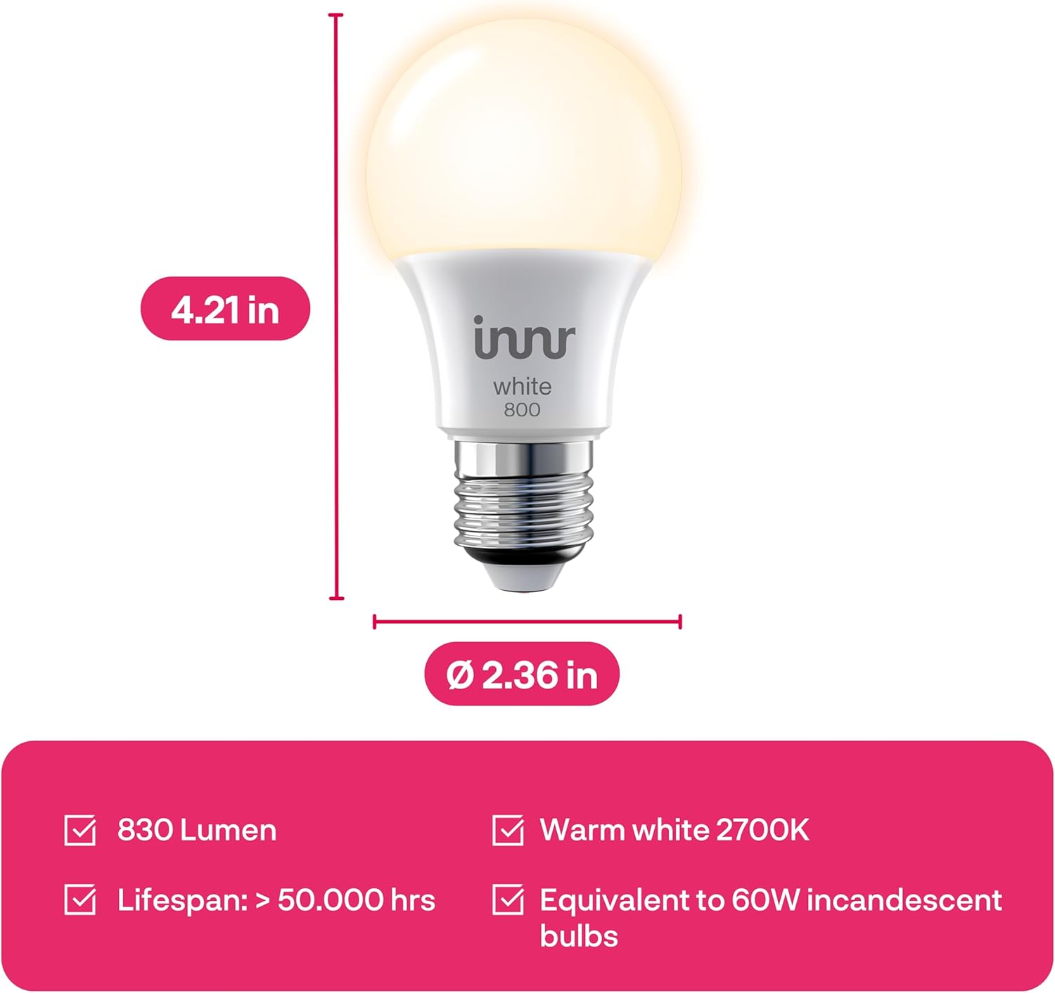 innr Smart Light Bulbs, A19 Zigbee, Works with Philips Hue* and Alexa (Bridge Required), Soft White Light Bulb, Dimmable, E26 LED Bulb 60 Watt, Warm White, 830lm, 2-Pack