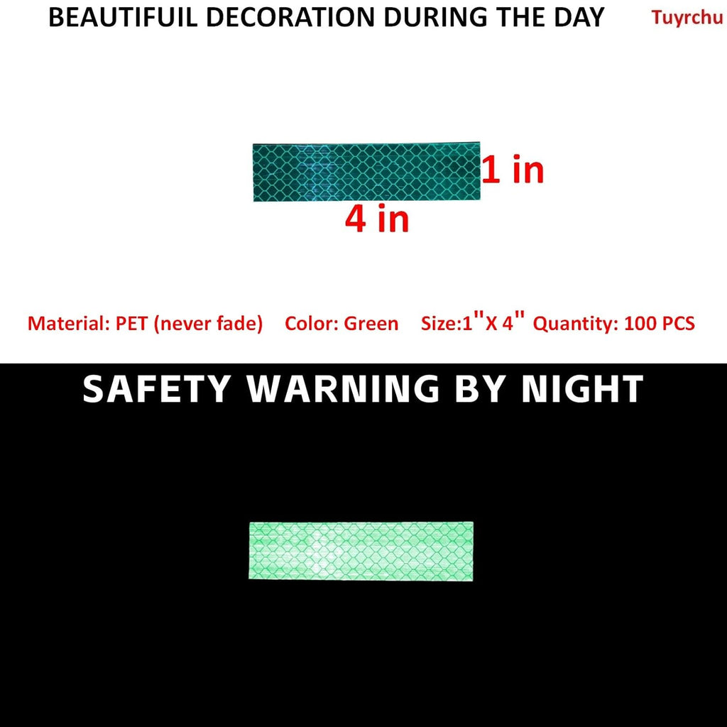 Non Fading Green Reflective Stickers 1 inch X 4 inch, Outdoor Waterproof High Visibility Warning Safety Adhesive Reflector Tape (100 Pcs)