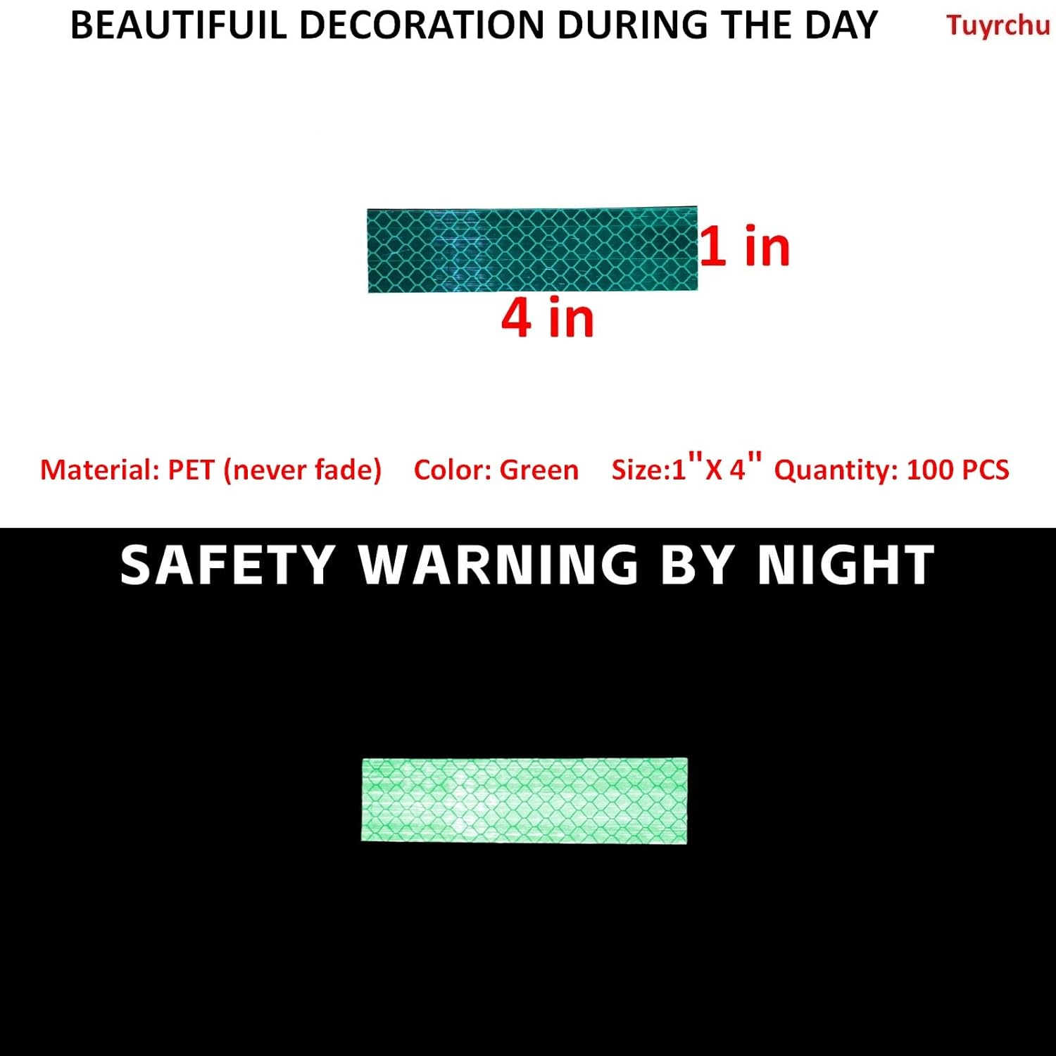 Non Fading Green Reflective Stickers 1 inch X 4 inch, Outdoor Waterproof High Visibility Warning Safety Adhesive Reflector Tape (100 Pcs)