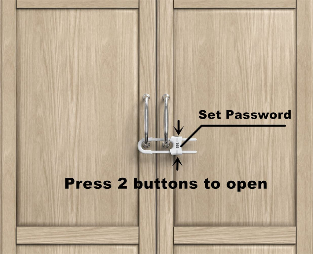 4 Pack Child Proof Sliding Cabinet Door Code Locks Baby Safety Cupboard Locks Adjustable U Shaped Cabinet Latches for Knob Handle Drawers Closet Plastic (4 PCS, White)