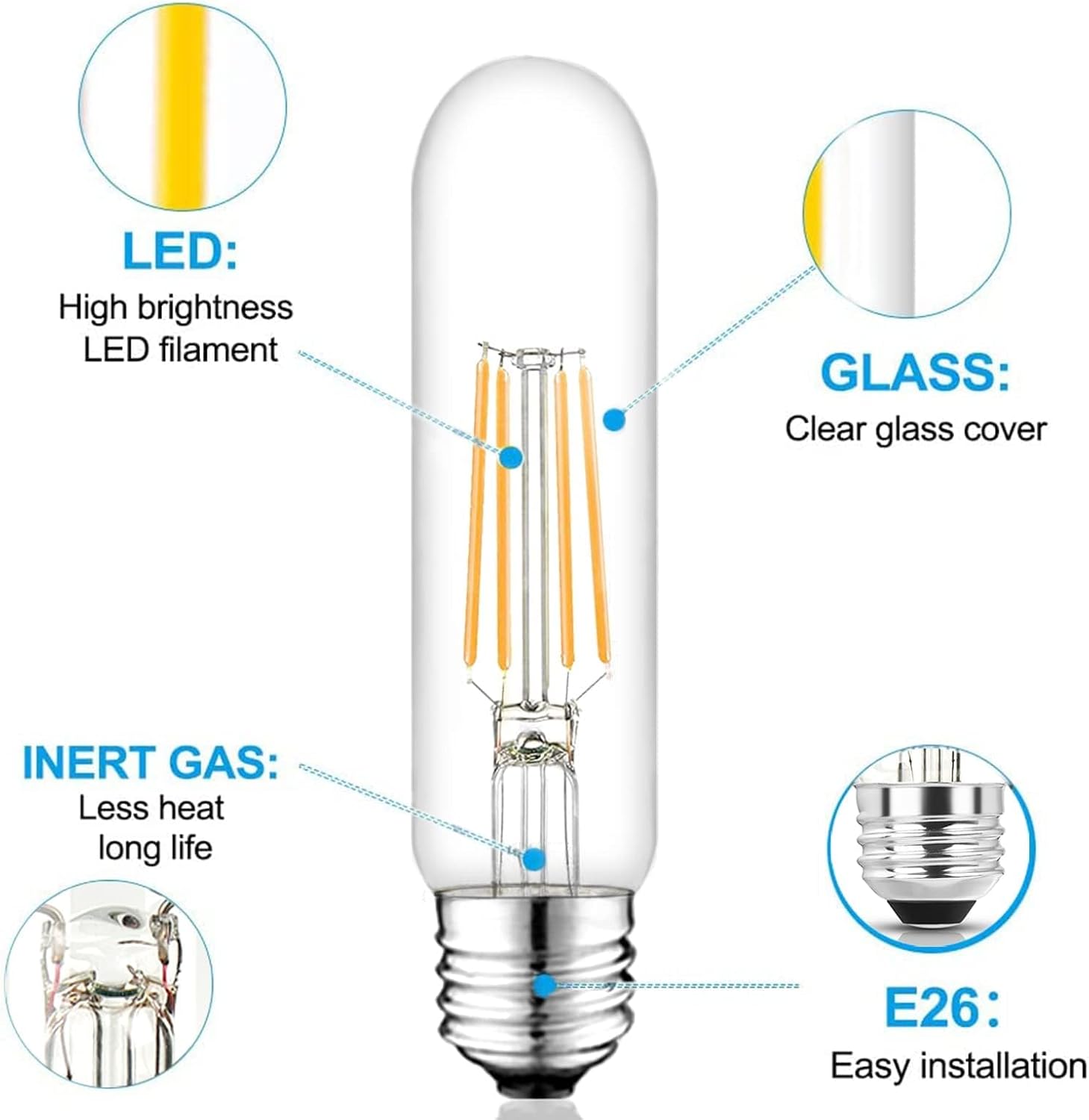 5 Inch Edison Bulb, 6000K Cool White E26 Led Bulb 6W Dimmable, 800LM T10 T9 Clear Glass Tubular Light Bulbs, AC 120V Equal 80 Watt Bulbs for Chandelier Pendant Wall Light - 6Pack