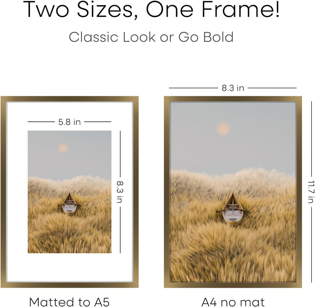 Homeforia A4 Picture Frame Bronze, High End Metal 8.3 x 11.7 inch Brass Poster Frames with Mat 5.8 by 8.3 Print, A4 Frames Matted to A5 Photo, 8.3x11.7 Wall or Tabletop Frame, Tempered Glass, Set of 2