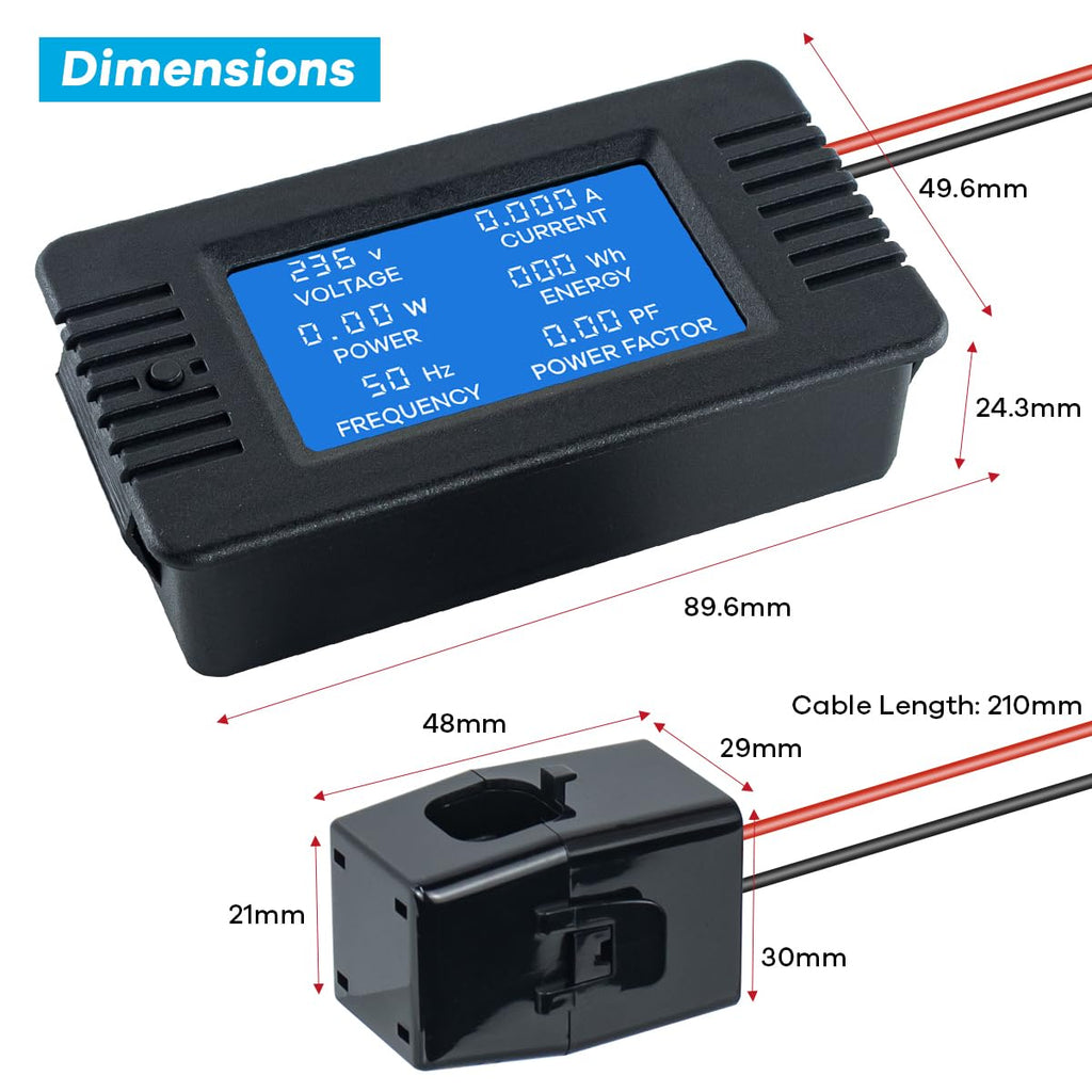 AC 80-260V 100A Multi-Function Power Monitor LCD Digital Display Voltage Current Frequency Power Factor Energy Meter Ammeter Voltmeter with Split Core Current Transformer