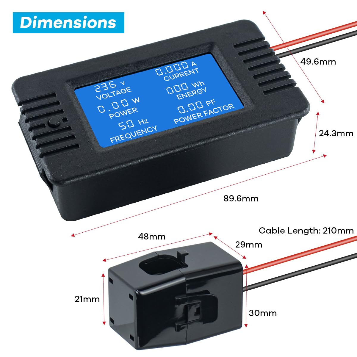 AC 80-260V 100A Multi-Function Power Monitor LCD Digital Display Voltage Current Frequency Power Factor Energy Meter Ammeter Voltmeter with Split Core Current Transformer