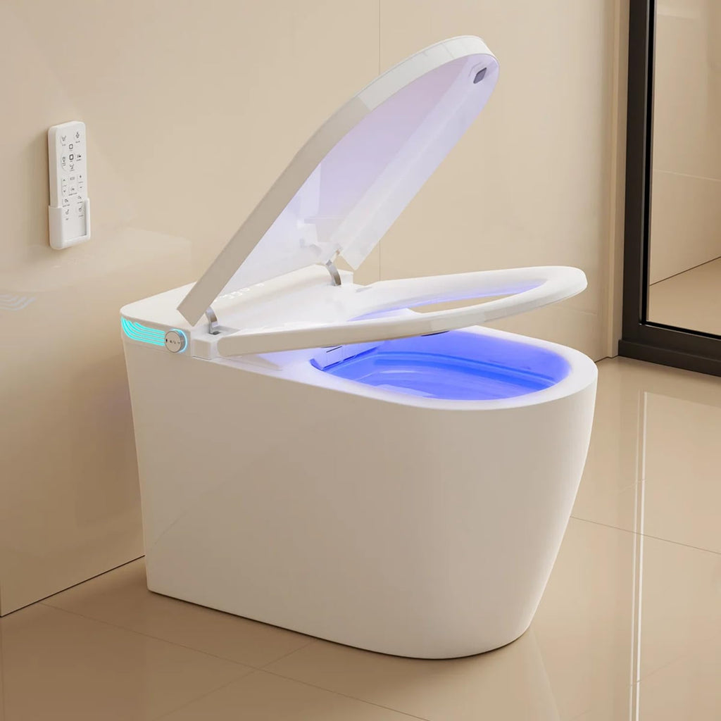 Smart Toilet with Bidet Built in, Bidet Toilet with Heated Seat and Night Light,Warm Water Wash&Dry, Modern Tankless Toilet for Bathroom, One Piece Toilets with Soft Close, Foot Sensor, Auto Lid&Seat