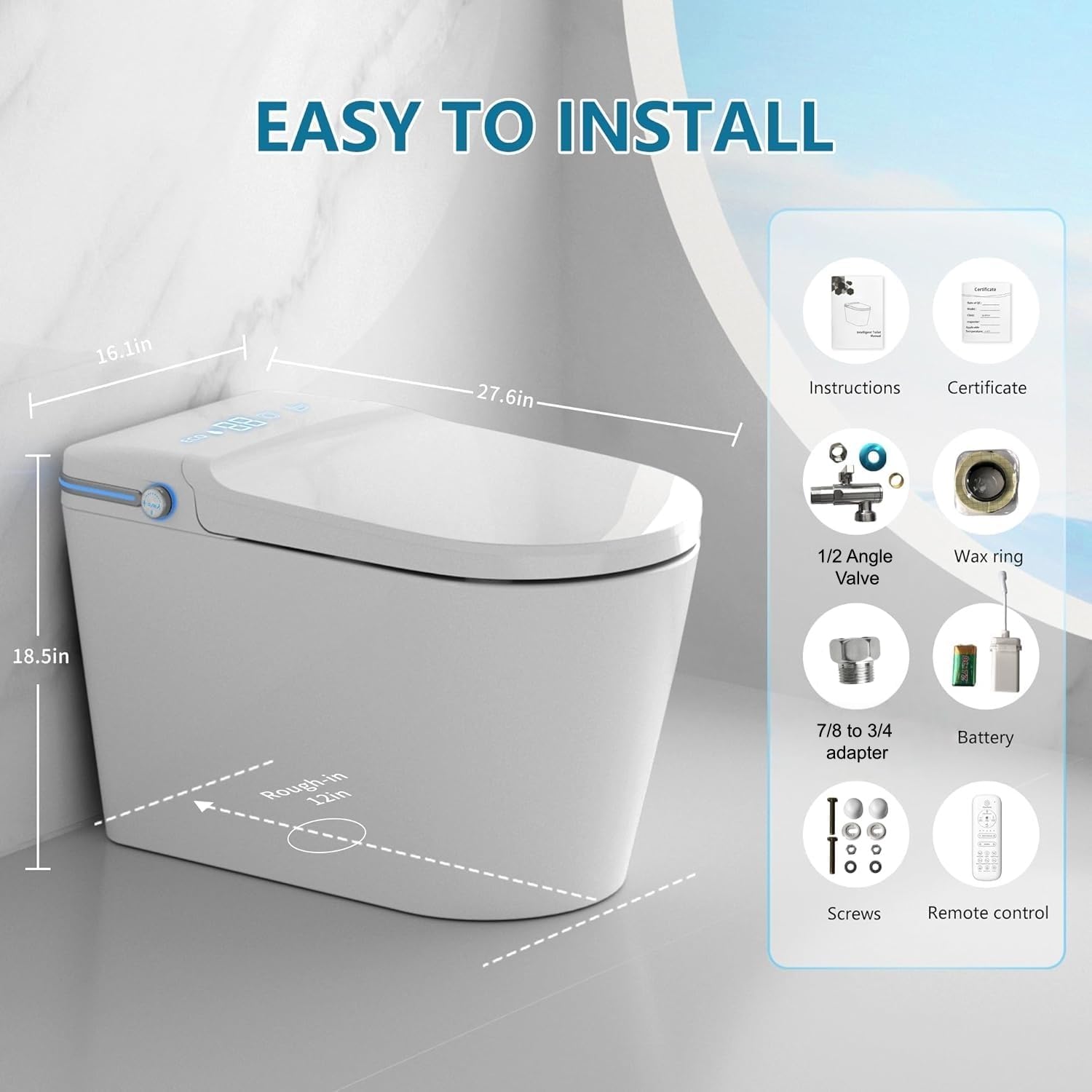 TDH Smart Toilet, Heated Toilet Seat with Warm Water Sprayer & Dryer, Aromatherapy Tablets,Foot Sensor Operation, Round Toilet Seat, Night Light, Remote Control