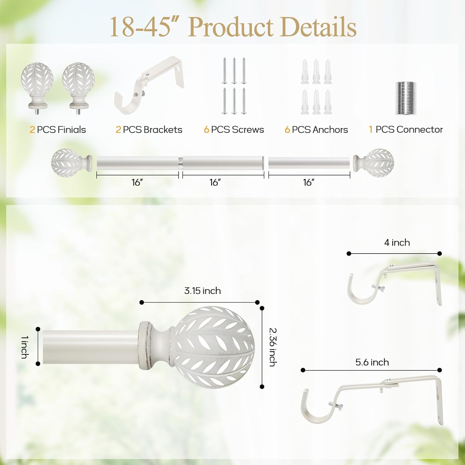 Weathered White Curtain Rod for Windows 28 to 48 Inches(2.3-4 ft)，1'' Diameter Heavy Duty Adjustable Curtain Rod with Leaf Pattern Finials - for Living Room, Bedroom,etc 18-45''