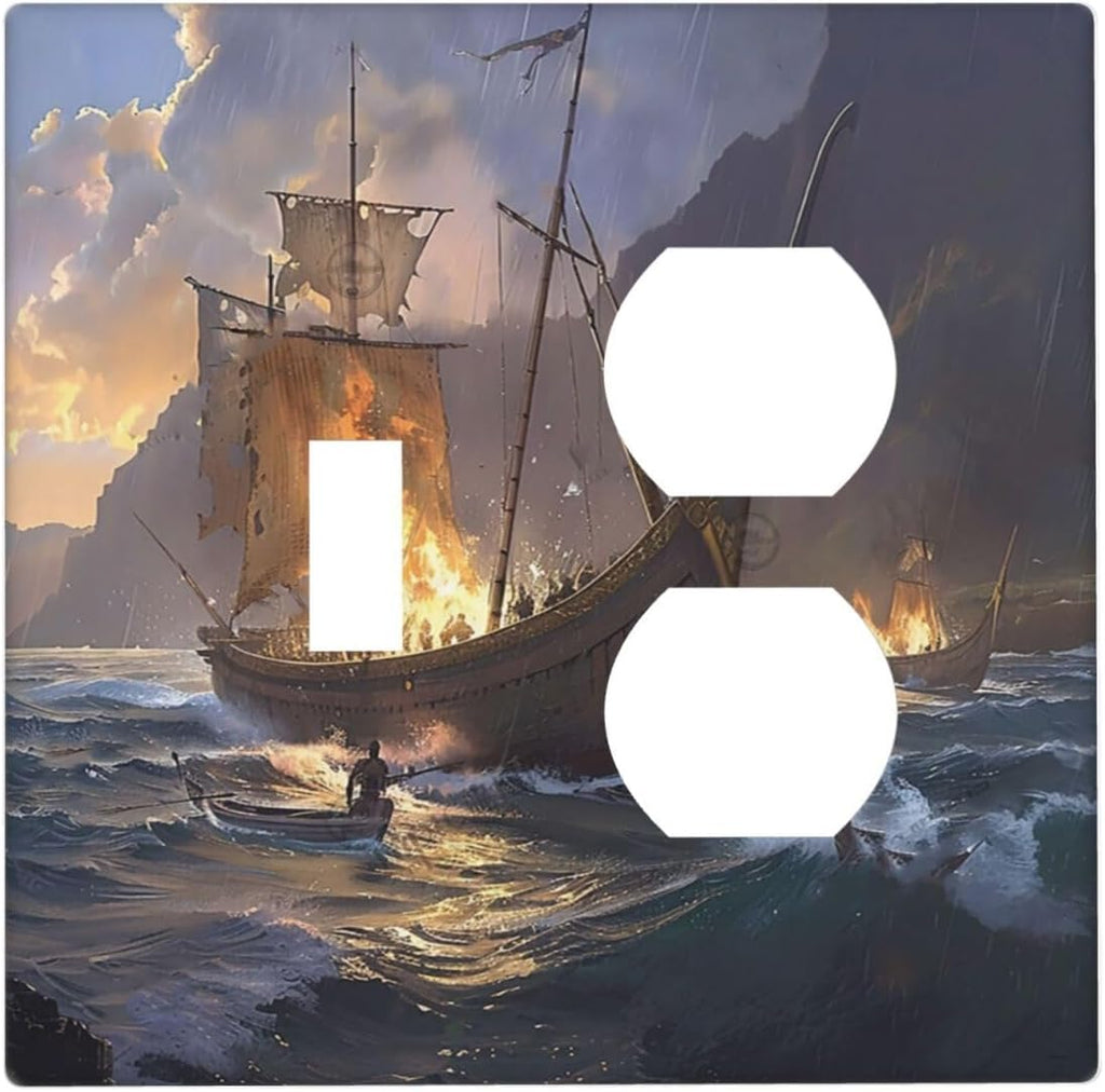 Outlet Covers Medieval Vintage Sailing Adventure Sailings Ocean Waves 1 Toggle 1 Duplex Switch Plate Covers Electrical Light Switch Cover Plate Decorative Wall Plate Socket Cover for Bedroom Cabin