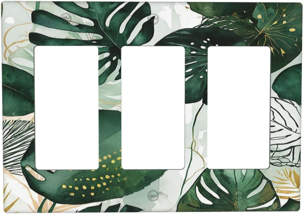 Light Switch Covers Boho Tropical Leaves 3 Gang Rocker Electrical GFCI Decorative Triple Outlet Wall Plate Cover Switchplate for Bedroom Bathroom Decor
