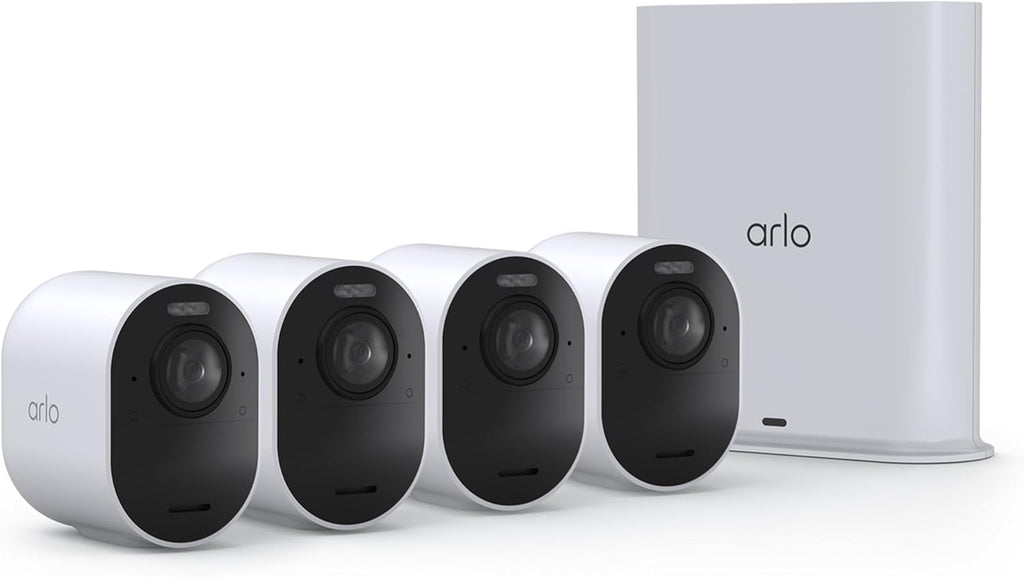 Arlo Ultra Security Camera 4K HDR (3rd Gen, 2025 Release) + SmartHub, Battery Power, Emergency Response, AI Event Captions, 1-Month Trial of Secure Plan, 180° Field of View, 4 Cam, White