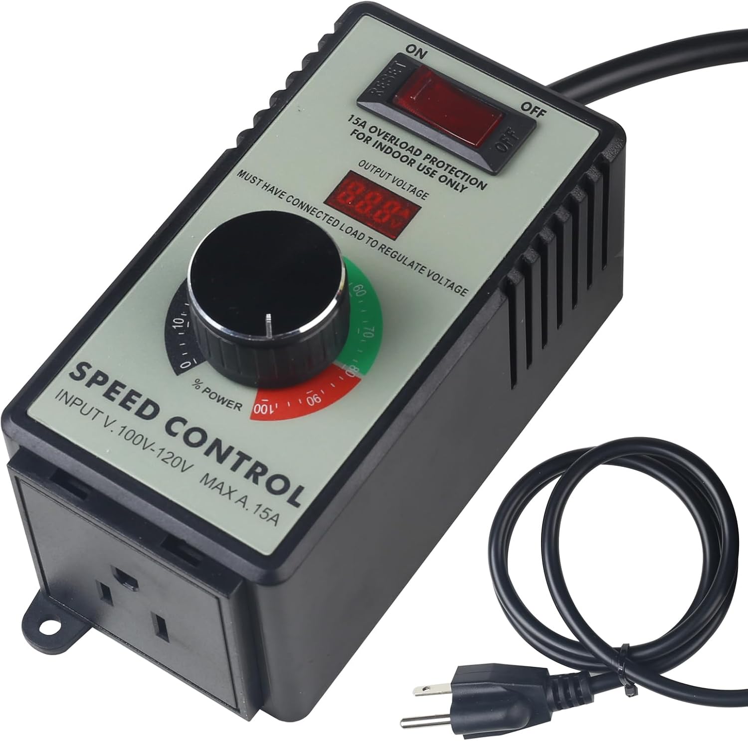 Versatile AC Motor Speed Controller - 100V-120V, 15A Max - Electric Fan Speed Regulator with Overload Protection, Electronic Voltage Regulation, and Voltage LED Display