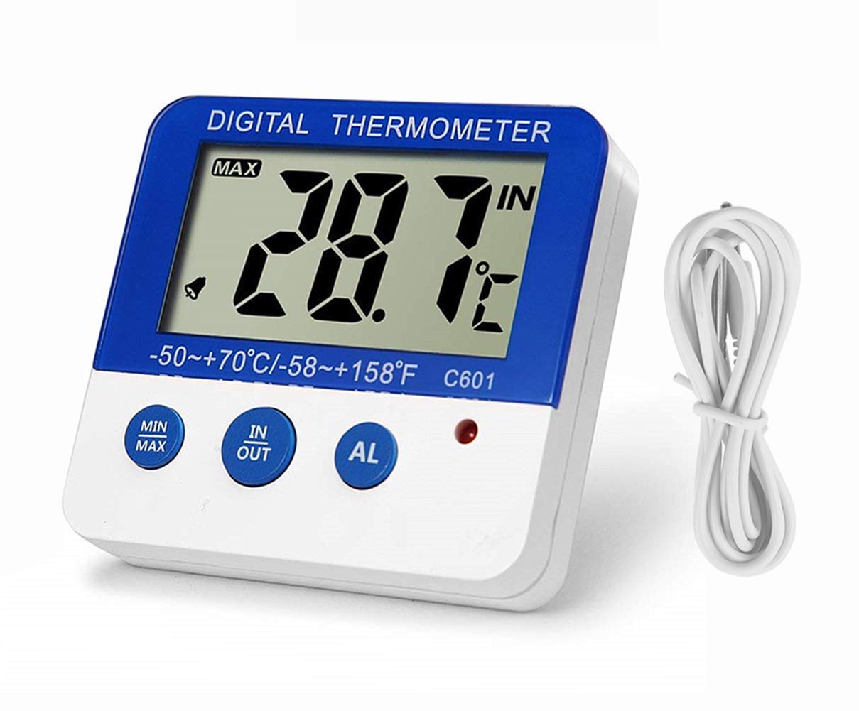 Nithing Fridge Freezer Thermometer Max/Min Memory High & Low Temperature Alarms Settings with LED Indicator Digital Refrigeration Thermometer with Magnetic,Stander