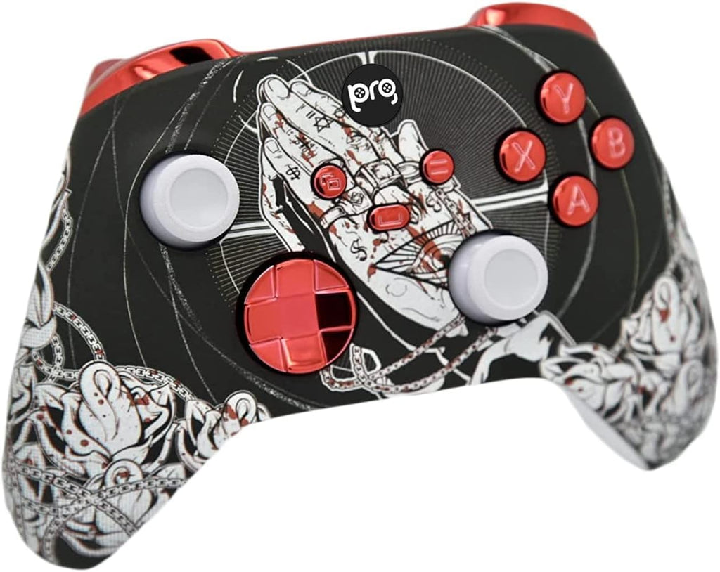 Hand Airbrushed Fade Custom Controller Compatible with Xbox Series X/S & Xbox One (Series X/S Bloody Forgiveness W/Red Chrome Inserts)
