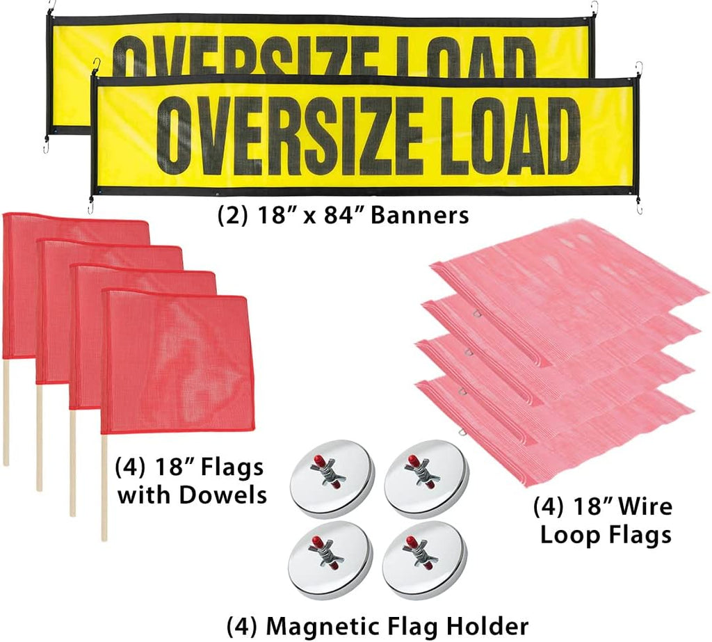 Mytee Products Oversize Load Banners, Flags, and Magnets Kit - Includes 2 Stretch Cord Oversize Load Banners, 4 Magnets, and 8 DOT Compliant Red Safety Flags 18" x 18" (4 with Wire Loop, 4 with Dowels)