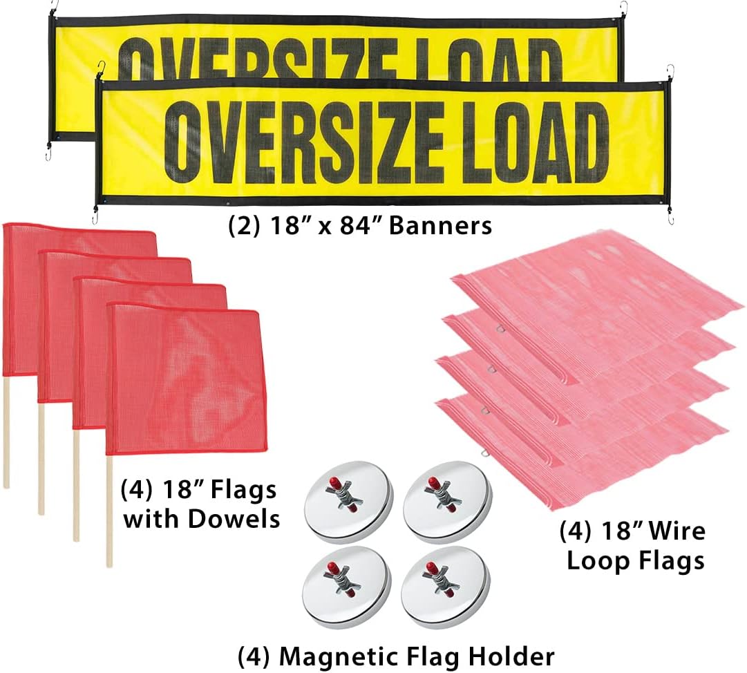 Mytee Products Oversize Load Banners, Flags, and Magnets Kit - Includes 2 Stretch Cord Oversize Load Banners, 4 Magnets, and 8 DOT Compliant Red Safety Flags 18" x 18" (4 with Wire Loop, 4 with Dowels)