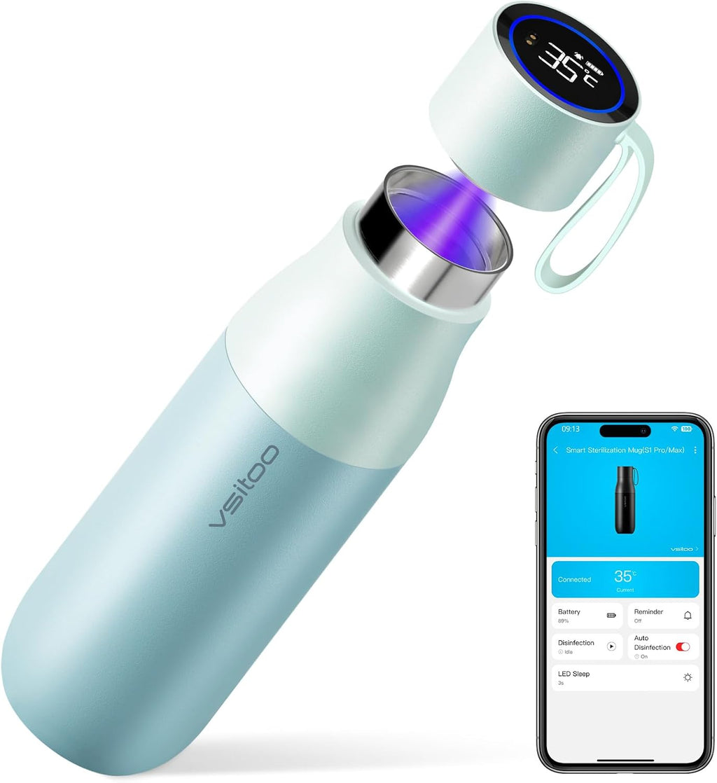 VSITOO 15oz Smart Self Cleaning Water Bottle，Insulated Water Bottle with Stainless Steel, BPA-Free, AI Self-Clean, 30-Day Battery, Magnetic Charging for Travel, Gym or Office, Blue