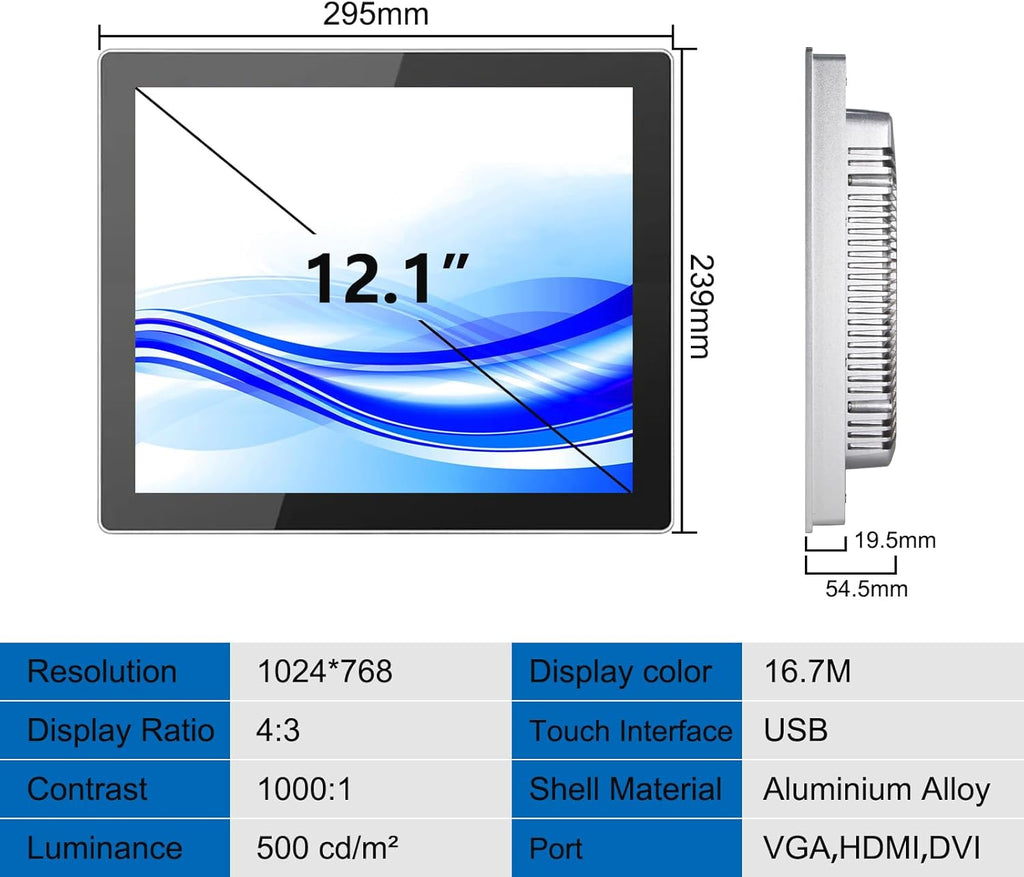 GreenTouch 12.1 Inch Front IP65 Panel Rugged Metal Case Display Touch Screen Industrial Grade Open Frame LCD Monitor - 1024 * 768 - Silver