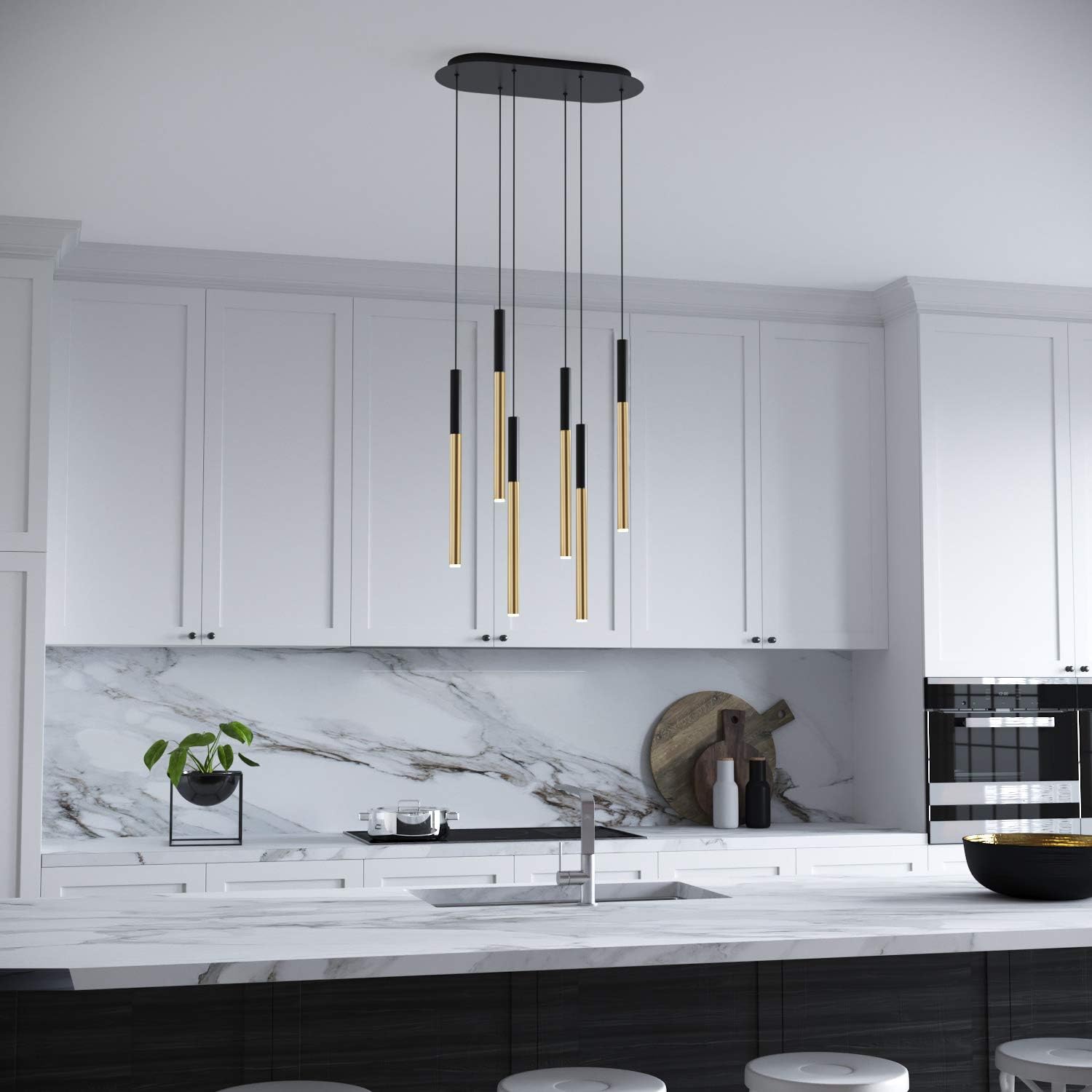ALTAIR 6 Mini Pendant Lighting Black-Brass - LED Hanging Light Fixture for Kitchen Island, Bar, Foyer - Cluster Pendants - Dimmable, Adjustable Wire, Lamp Bulb Included