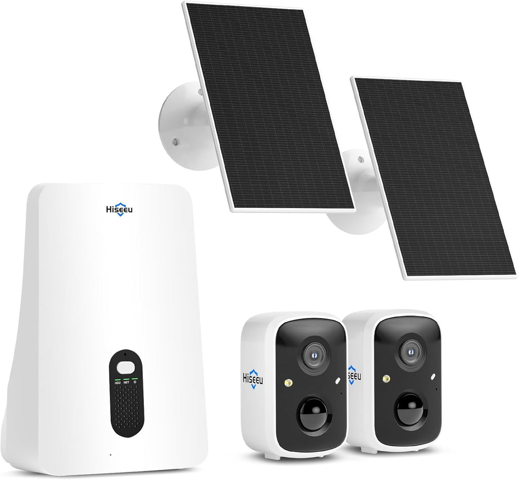 Hiseeu Security Cameras Wireless Outdoor, 2 Cam-Kit, Expandable to 10CH, No Monthly Fee, Solar-Powered, Home Security Cameras System with 2K Color Night Vision, Easy Setup, 2.4G & 5G WiFi