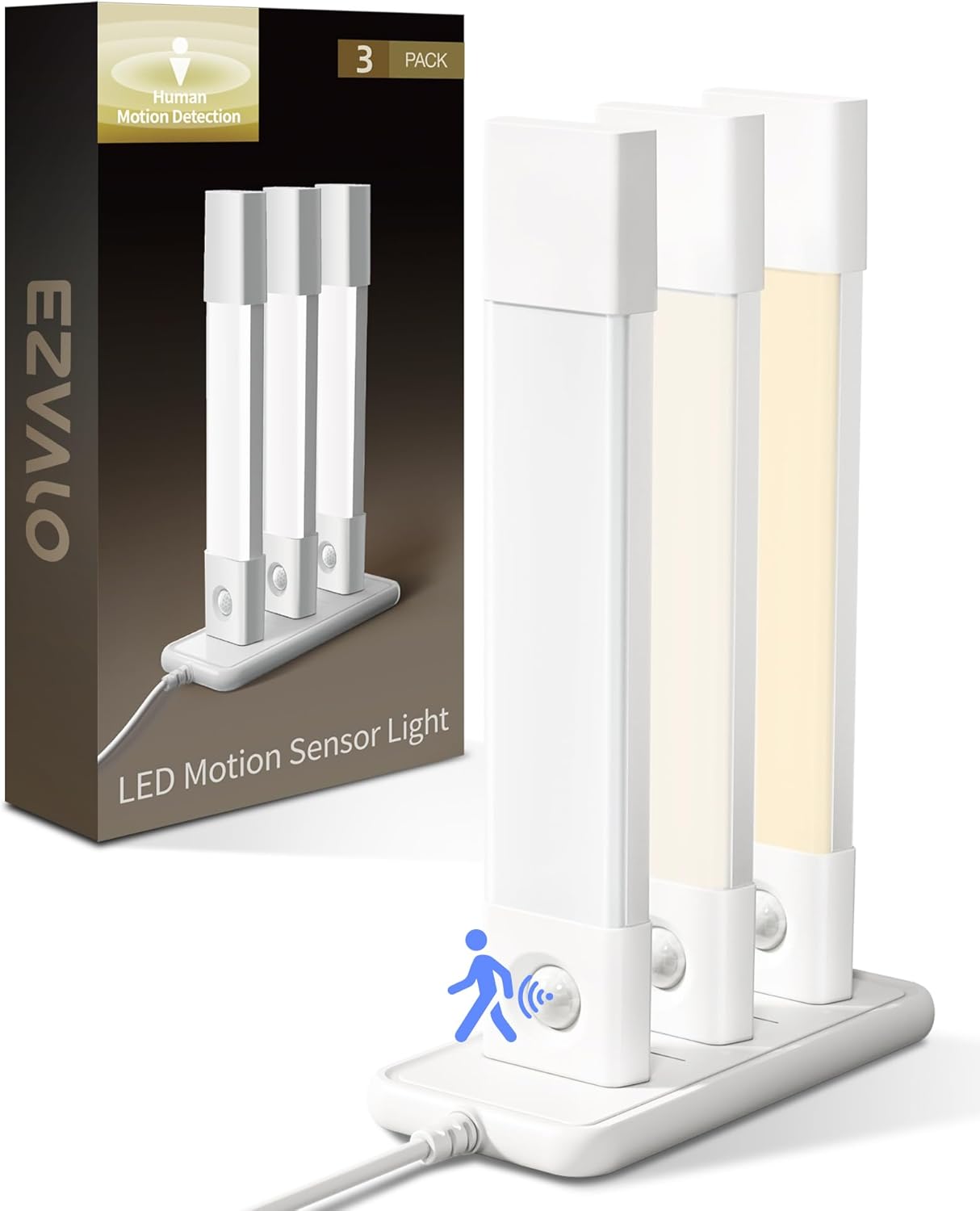 EZVALO 3 Pack Led Under Cabinet Lights Wireless with Charging Station, 7’’ Rechargeable Motion Sensor Light Indoor,3 Color Temperatures&Dimmable Closet Lights for Cabinets, Bookshelf, Stair, Hallway