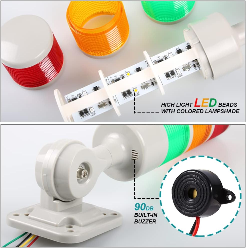 Led Signal Tower Stack Lights, Industrial Signal Warning Column Tower Lamp Andon Lights with Rotatable Base, Steady/Flashing Light Switchable,12V 24V DC(5-Layer, no Buzzer)