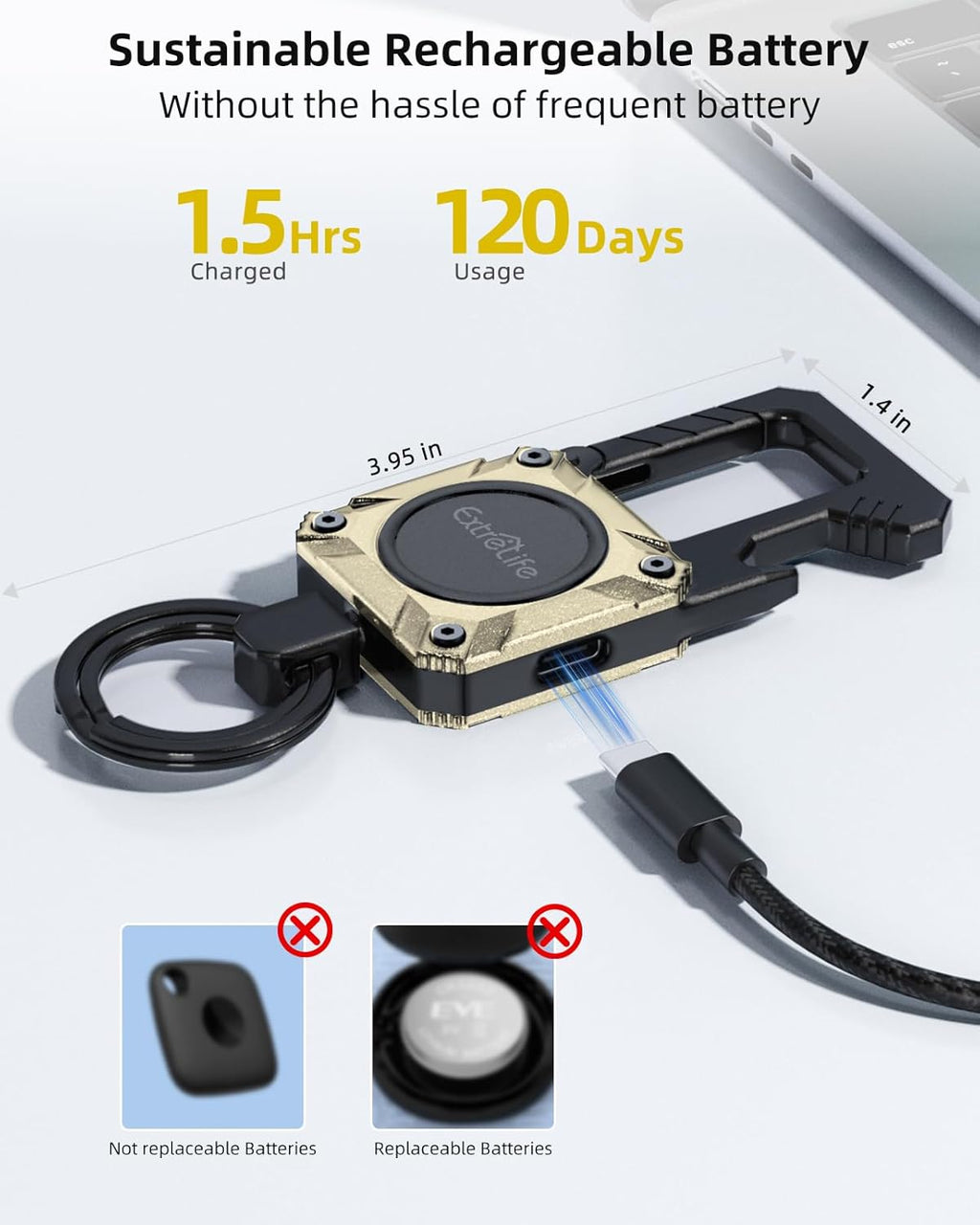 Keychain, Works with Apple Find My, Heavy Duty Key Chain Bottle Opener, Carabiner Car Key Chains with GPS Tracker, Key Finder, Bluetooth Tracker for Luggage, Kids, Bags, Rechargeable, Champagne Gold