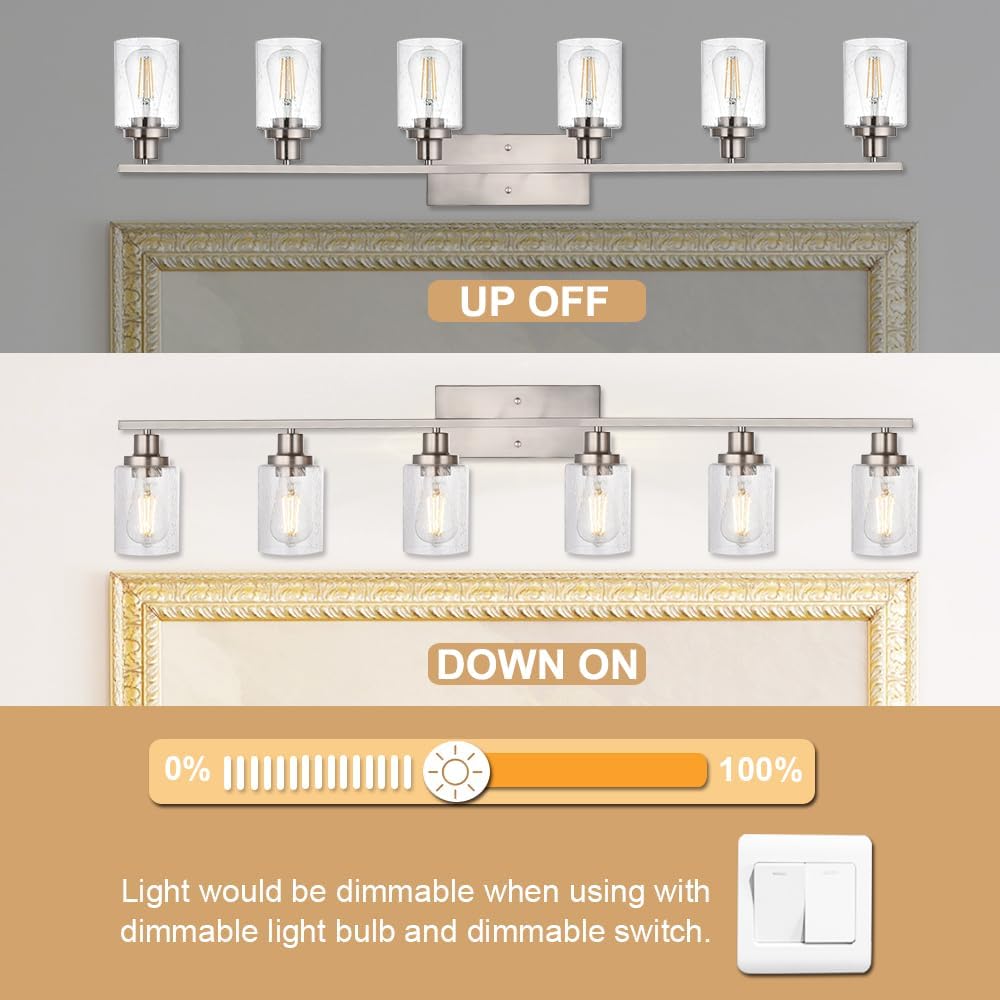 6-Lights Bathroom Vanity Light Fixtures with Seeded Glass Lampshades, 45.3-Inches Length Modern Brushed Nickel Wall Light Fixture for Kitchen Bathroom Lighting