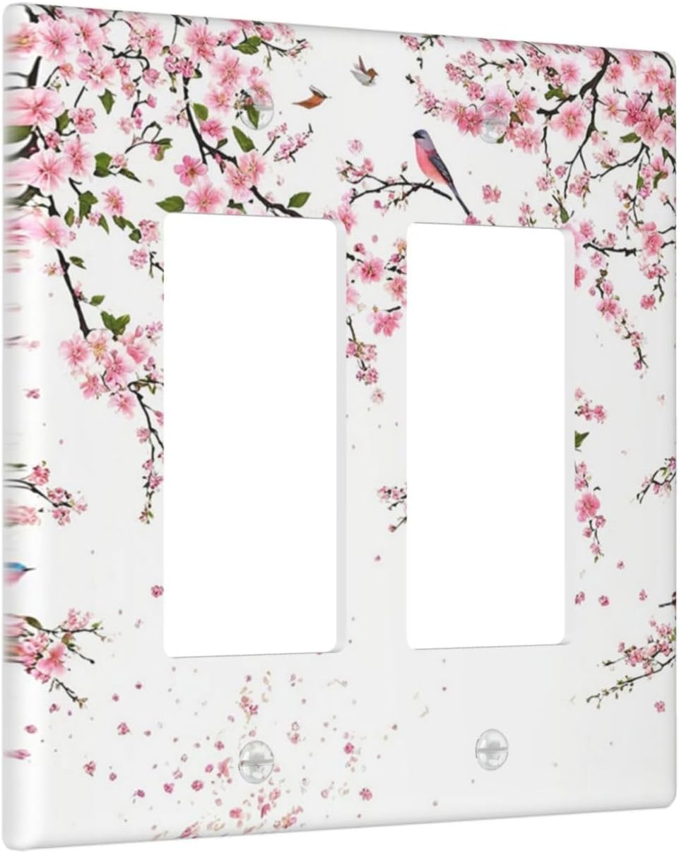 Decorative Outlet Covers Rustic Plum Blossom Pink Flowers 2 Gang Light Switch Cover Plate Double Rocker Wall Plate Switch Plate Covers Faceplate for Home Bedroom Decor （2 Pack）
