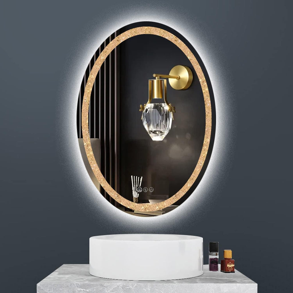 LED Oval Crystal Bathroom Vanity Mirror with Lights - 20x30inch Smart Wall Mirror with 3Color Anti-Fog Dimmable Touch Memory Crystal Light