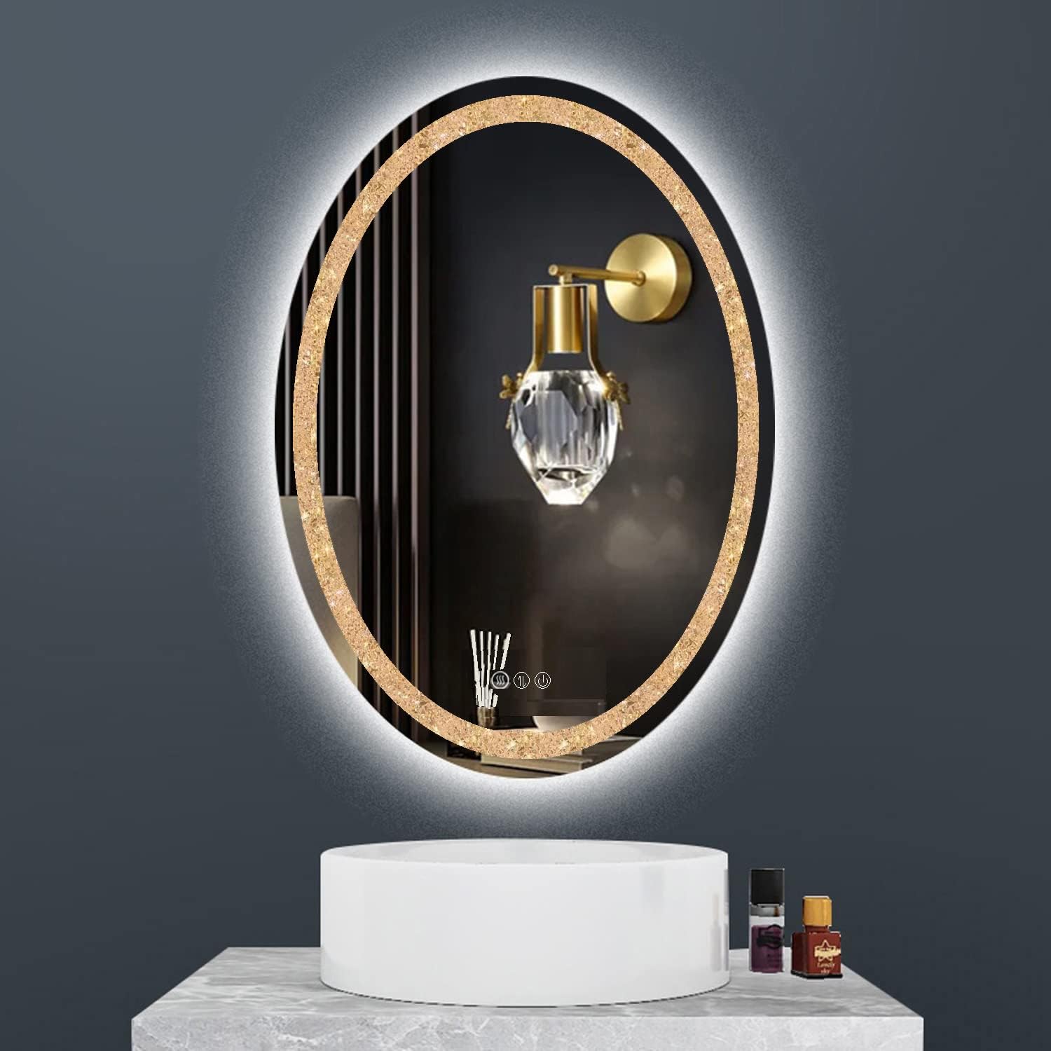 LED Oval Crystal Bathroom Vanity Mirror with Lights - 20x30inch Smart Wall Mirror with 3Color Anti-Fog Dimmable Touch Memory Crystal Light