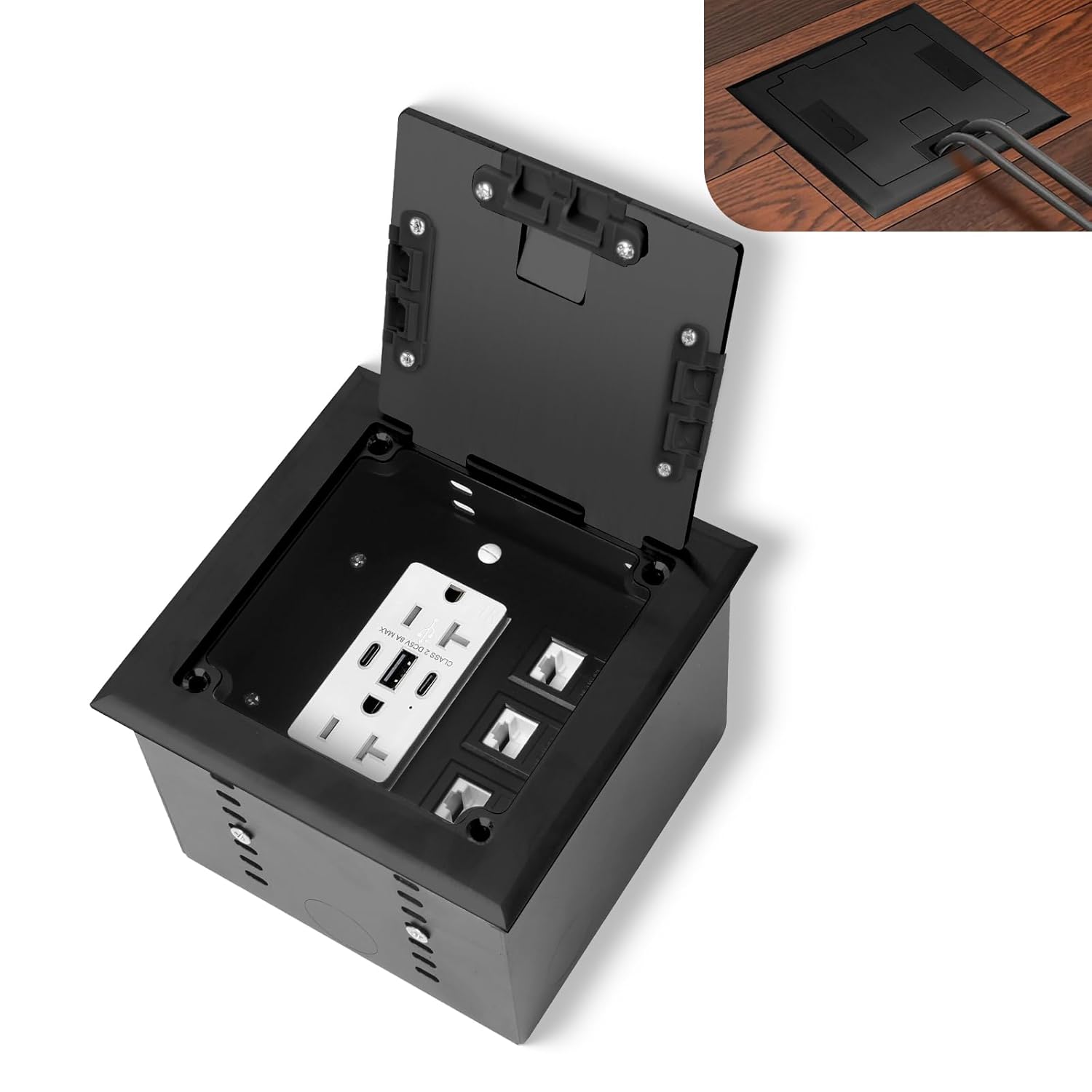 KYHSHJ Recessed Flat Hidden Socket Kit with 2 * 20A Receptacle，8A 1 USB-A Ports &2 USB-C Port+3-Port RJ45 Datacom Receptacle. Internal Height Adjustable，Corrosive Resistant Hardware (Black)
