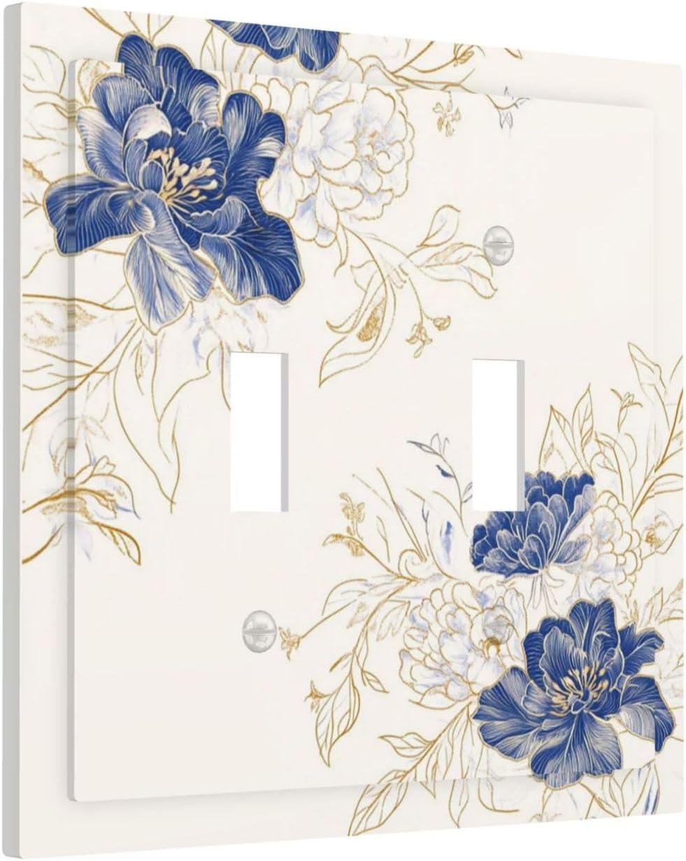 Decorative Light Switch Cover Plate Rustic Blue Flower Floral Gold Leaf 2 Gang Outlet Covers Double Toggle Wall Plates for Electrical Outlets Switch Plate Covers Faceplate for Home Decor